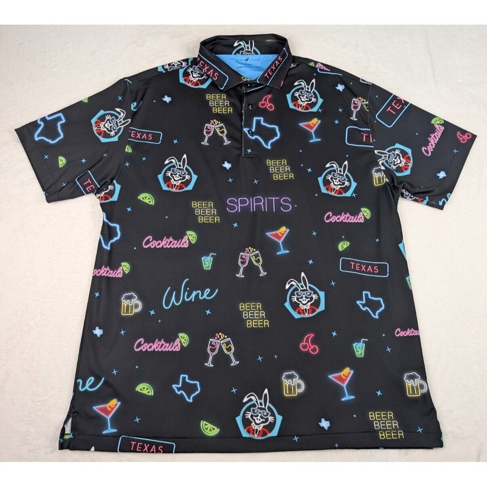 Horn Legend Polo Shirt Mens XL Black Neon Texas Beer Spirits Bamboo Charcoal